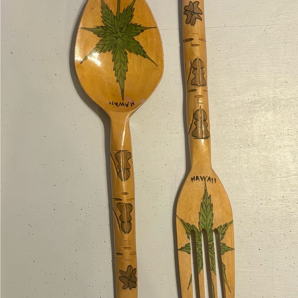 Vintage Aloha Hawaiian Large Fork And Spoon Set Monkey Pod